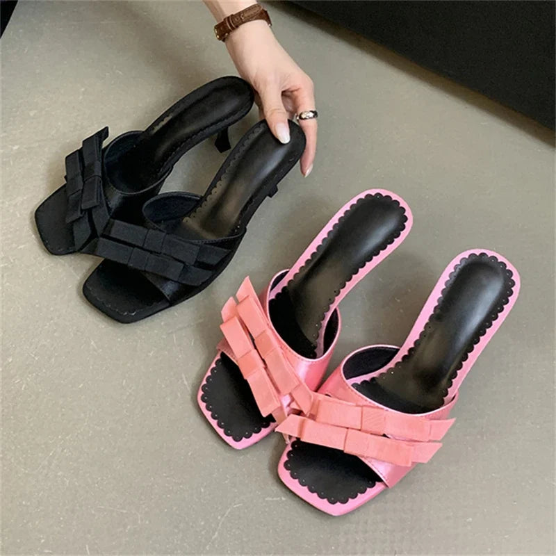 New Arrivals Slipper Bow-knot Thin Open Toe Slip On Elegant Sandal Mules Slides Shoes Low Heel Pumps