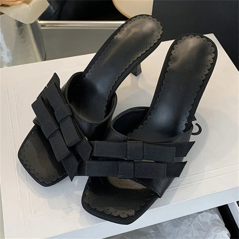 New Arrivals Slipper Bow-knot Thin Open Toe Slip On Elegant Sandal Mules Slides Shoes Low Heel Pumps