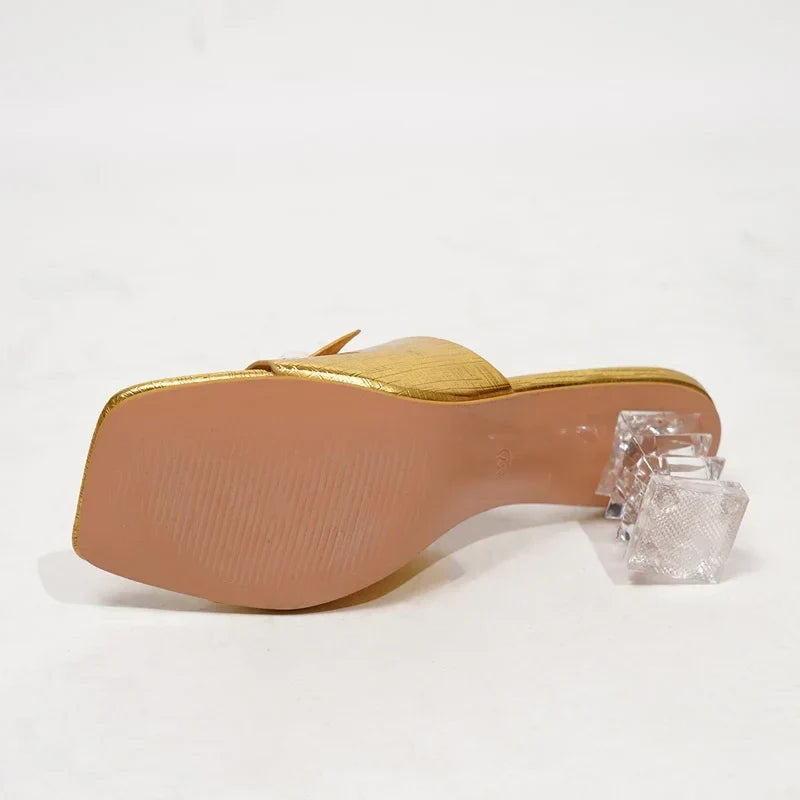 New Design Pearl Transparent Highs Square Toe Slippers Slides Shoes Low Heel Pumps