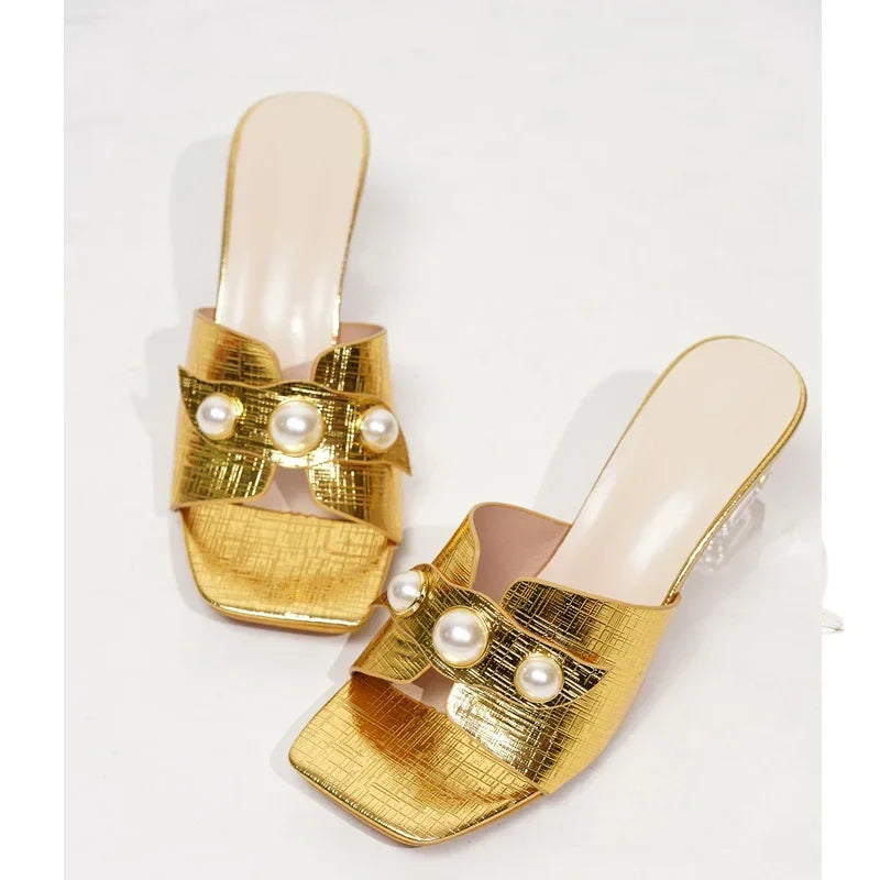 New Design Pearl Transparent Highs Square Toe Slippers Slides Shoes Low Heel Pumps