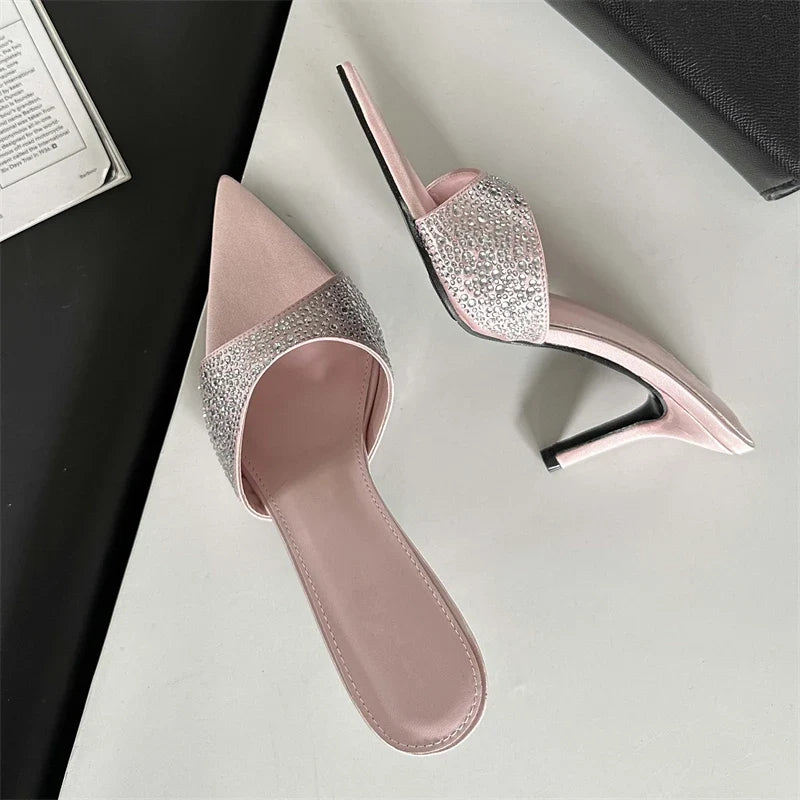 New Silk Slippers Thin Mules Beach Slides Shoes Low Heel Pumps