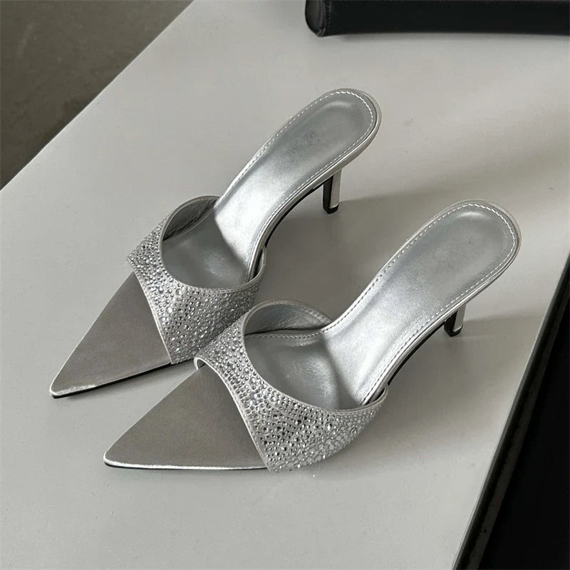 New Silk Slippers Thin Mules Beach Slides Shoes Low Heel Pumps