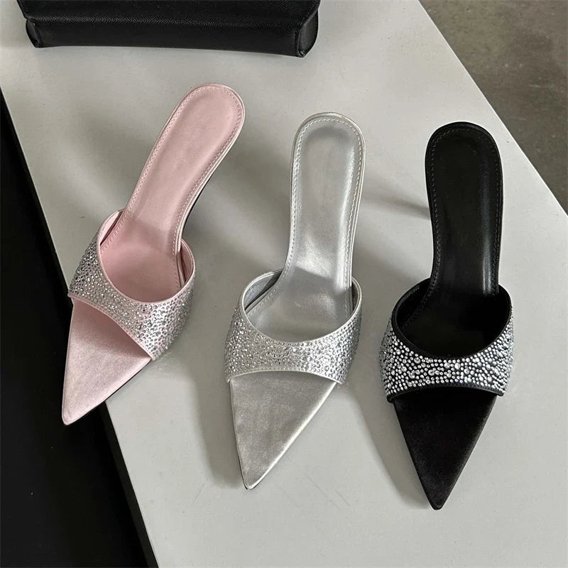 New Silk Slippers Thin Mules Beach Slides Shoes Low Heel Pumps