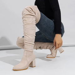 Zipper Flock Square Heel Thigh Long Botas De Mujer Knee High Boots
