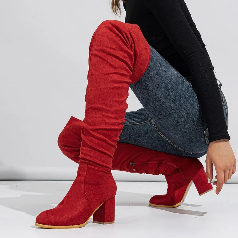 Zipper Flock Square Heel Thigh Long Botas De Mujer Knee High Boots