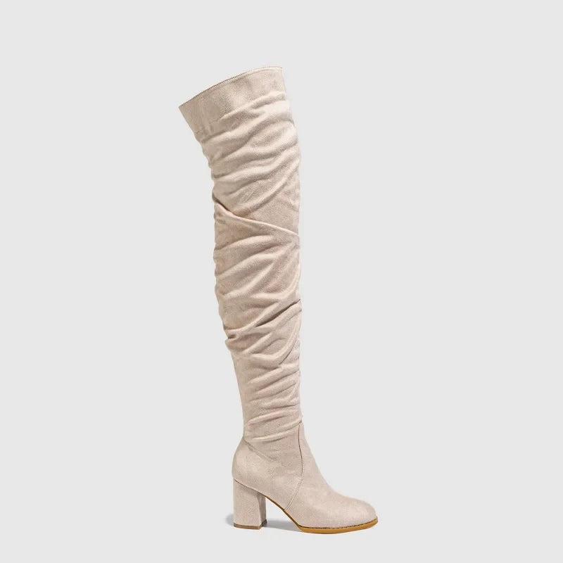 Zipper Flock Square Heel Thigh Long Botas De Mujer Knee High Boots