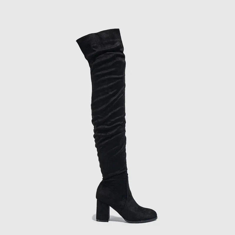 Zipper Flock Square Heel Thigh Long Botas De Mujer Knee High Boots