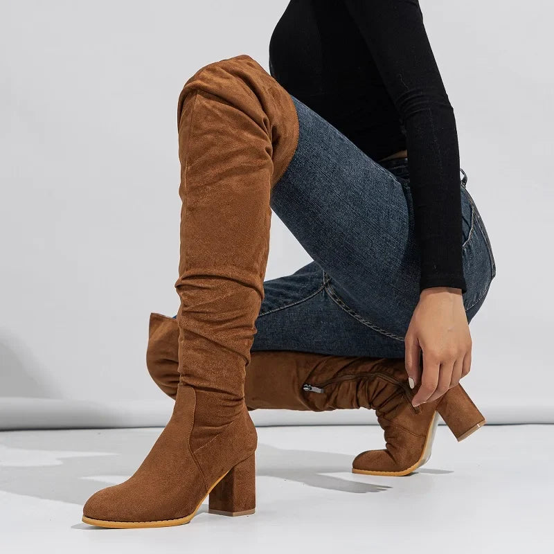 Zipper Flock Square Heel Thigh Long Botas De Mujer Knee High Boots