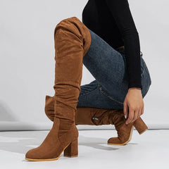 Zipper Flock Square Heel Thigh Long Botas De Mujer Knee High Boots