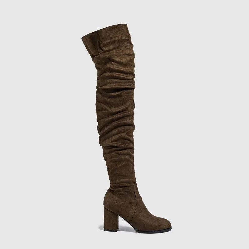 Zipper Flock Square Heel Thigh Long Botas De Mujer Knee High Boots