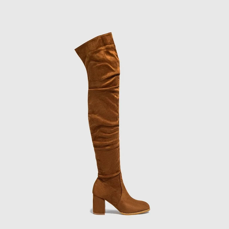 Zipper Flock Square Heel Thigh Long Botas De Mujer Knee High Boots