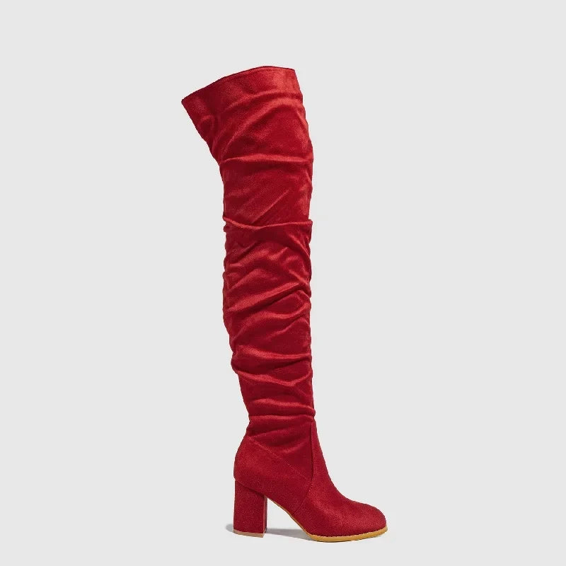 Zipper Flock Square Heel Thigh Long Botas De Mujer Knee High Boots