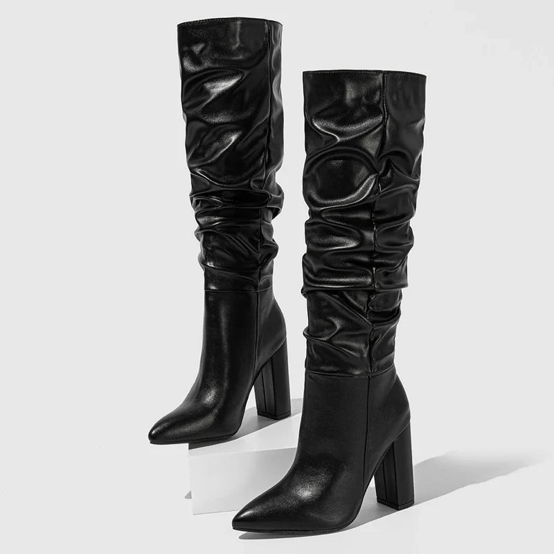 Spring Pleated Chunky Heels Slip On Pointed Toe Knee High Boots