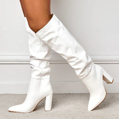 Spring Pleated Chunky Heels Slip On Pointed Toe Knee High Boots
