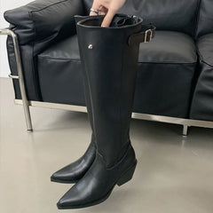 Belt Buckle Pointed Toe Vintage Square Low Heels Knee High Boots
