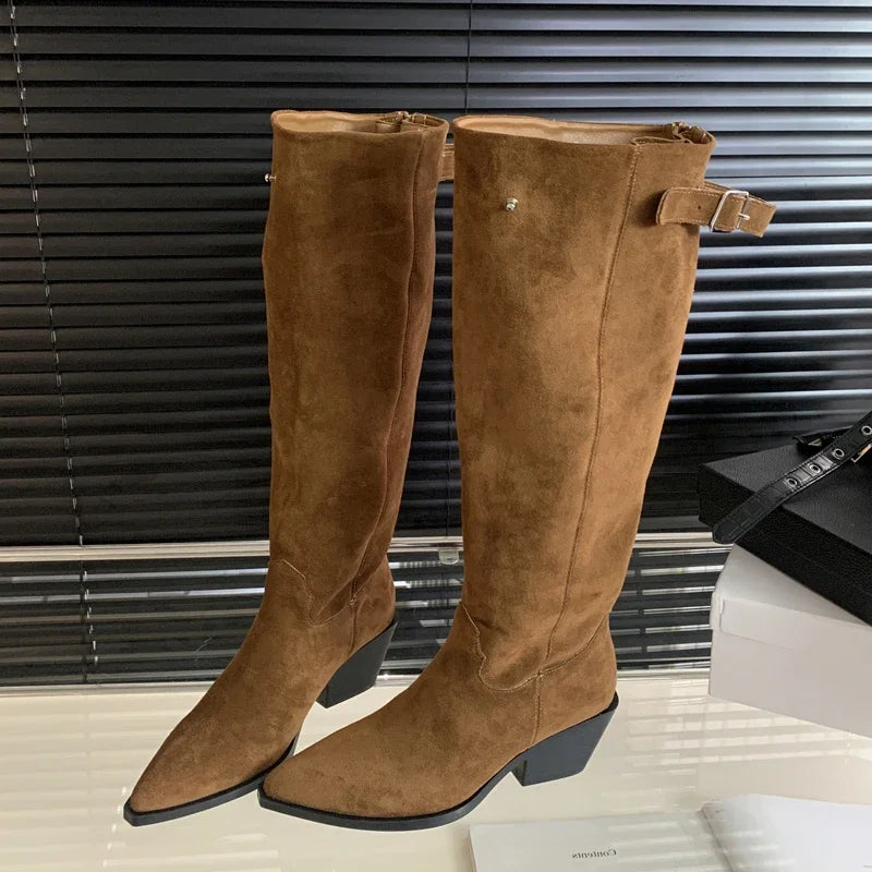 Belt Buckle Pointed Toe Vintage Square Low Heels Knee High Boots