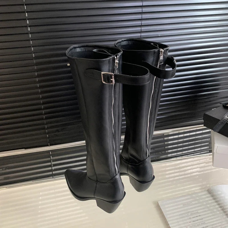 Belt Buckle Pointed Toe Vintage Square Low Heels Knee High Boots