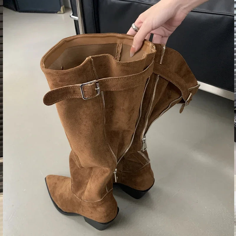 Belt Buckle Pointed Toe Vintage Square Low Heels Knee High Boots