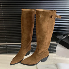 Belt Buckle Pointed Toe Vintage Square Low Heels Knee High Boots