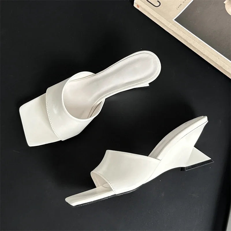 New Design Concise Wedges Highs Slippers Square Toe Party Dress Slides Shoes Low Heel Pumps