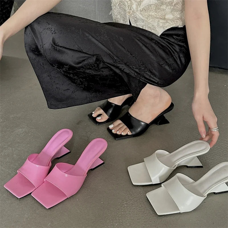 New Design Concise Wedges Highs Slippers Square Toe Party Dress Slides Shoes Low Heel Pumps
