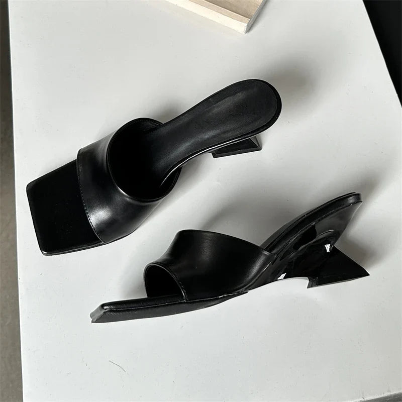 New Design Concise Wedges Highs Slippers Square Toe Party Dress Slides Shoes Low Heel Pumps