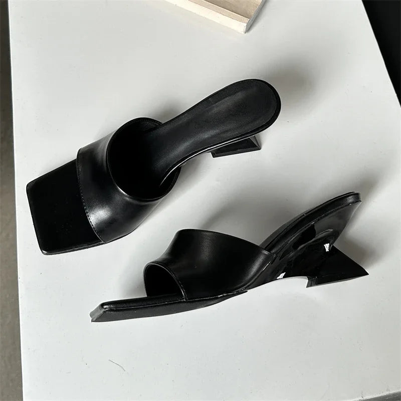 New Design Concise Wedges Highs Slippers Square Toe Party Dress Slides Shoes Low Heel Pumps