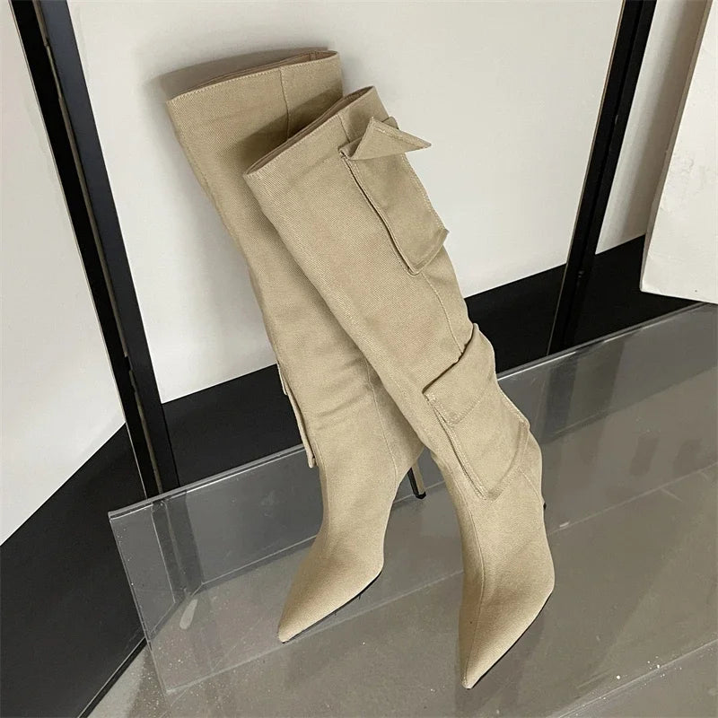 New Pointed Toe Thin Heels Stripper Largas De Mujer Knee High Boots