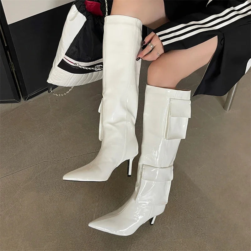 New Pointed Toe Thin Heels Stripper Largas De Mujer Knee High Boots