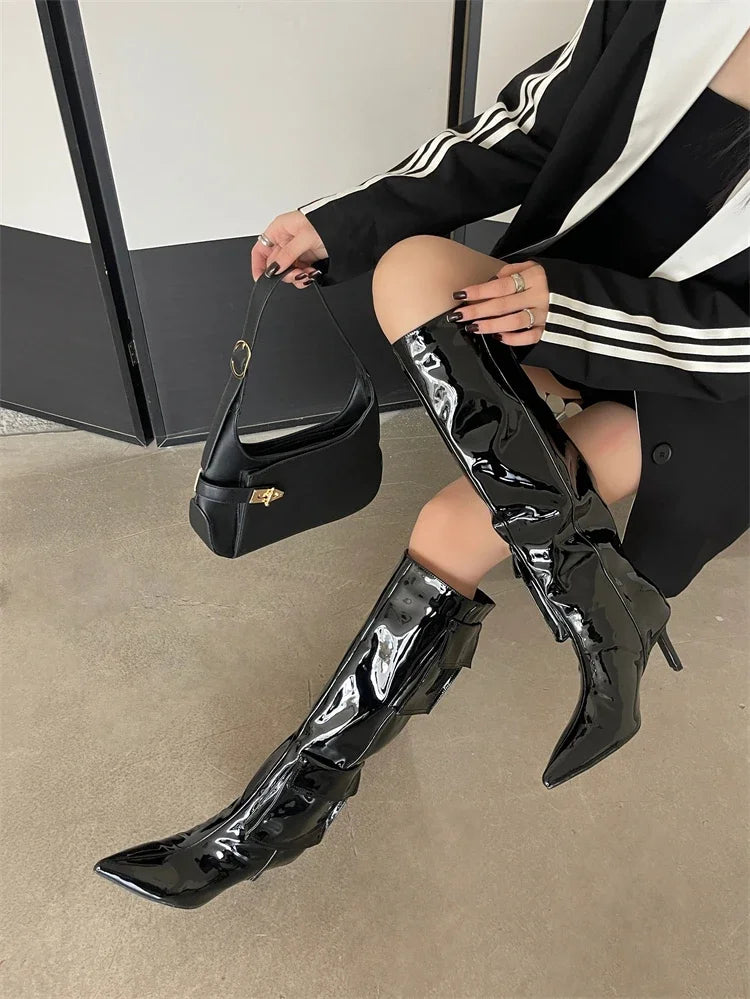 New Pointed Toe Thin Heels Stripper Largas De Mujer Knee High Boots