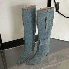 New Pointed Toe Thin Heels Stripper Largas De Mujer Knee High Boots