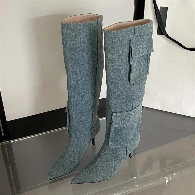 New Pointed Toe Thin Heels Stripper Largas De Mujer Knee High Boots