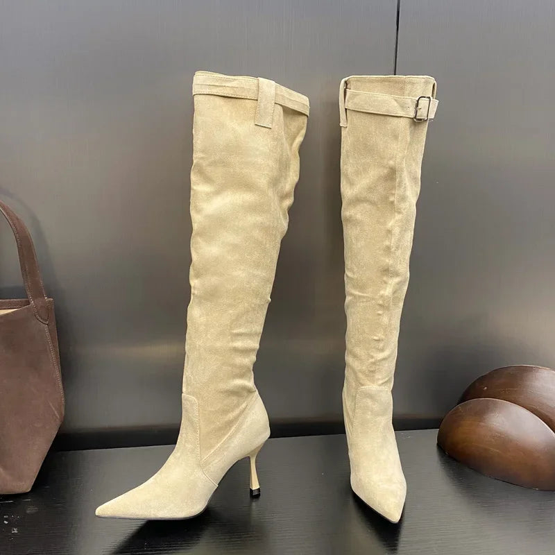 Buckle Strap Pointed Toe Thin Heels Thigh Long Knee High Boots