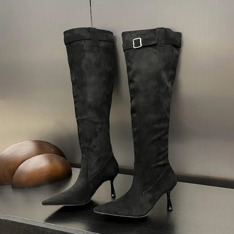 Buckle Strap Pointed Toe Thin Heels Thigh Long Knee High Boots