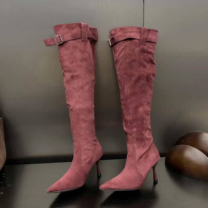 Buckle Strap Pointed Toe Thin Heels Thigh Long Knee High Boots