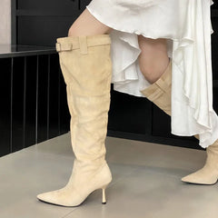 Buckle Strap Pointed Toe Thin Heels Thigh Long Knee High Boots