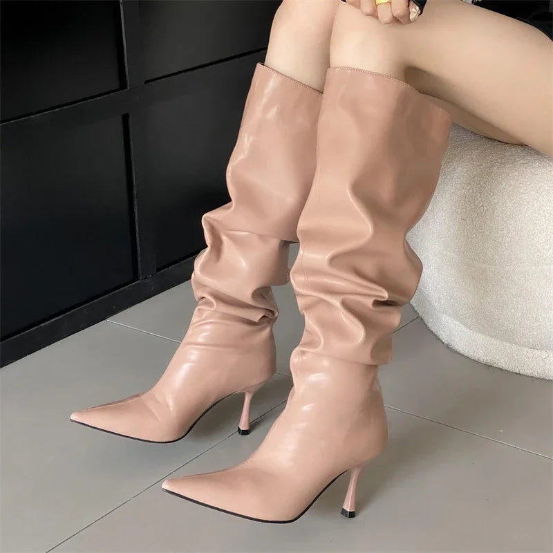 Pleated Designer Pointed Toe Long Thin Heels Knee High Boots