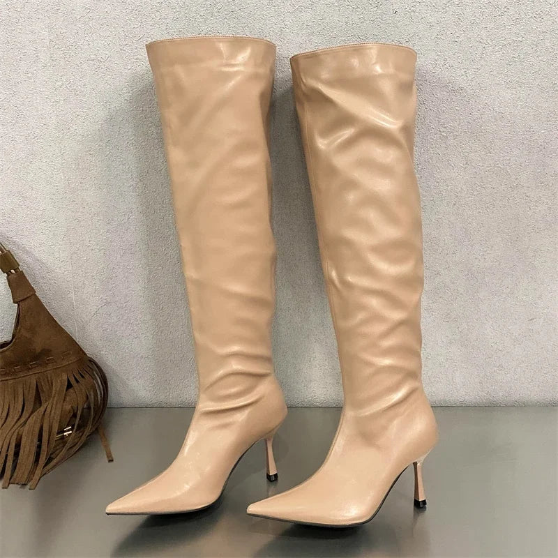 Pleated Designer Pointed Toe Long Thin Heels Knee High Boots