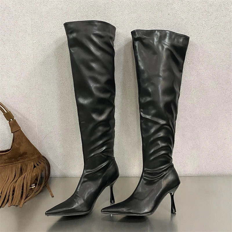 Pleated Designer Pointed Toe Long Thin Heels Knee High Boots