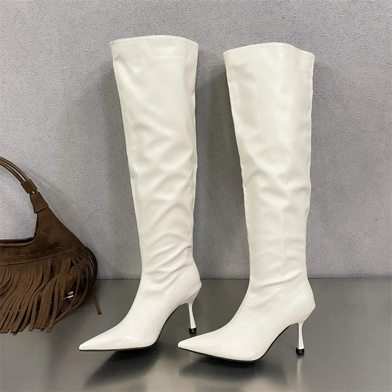 Pleated Designer Pointed Toe Long Thin Heels Knee High Boots