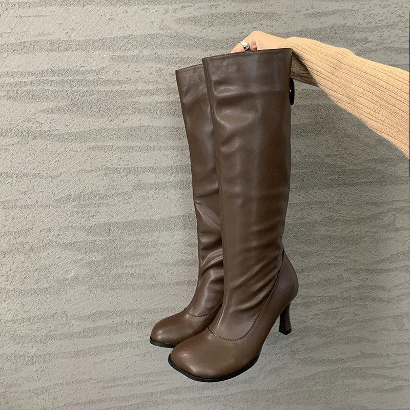 Autumn Cosy Button Round Toe Thin Heels Long Knee High Boots
