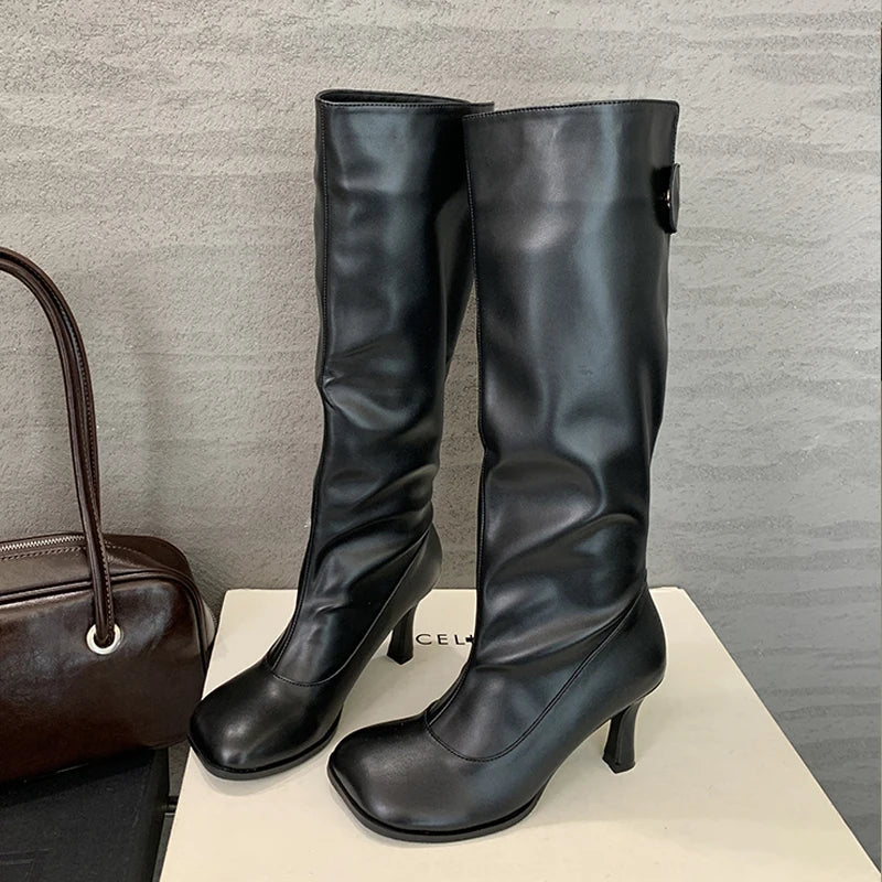 Autumn Cosy Button Round Toe Thin Heels Long Knee High Boots