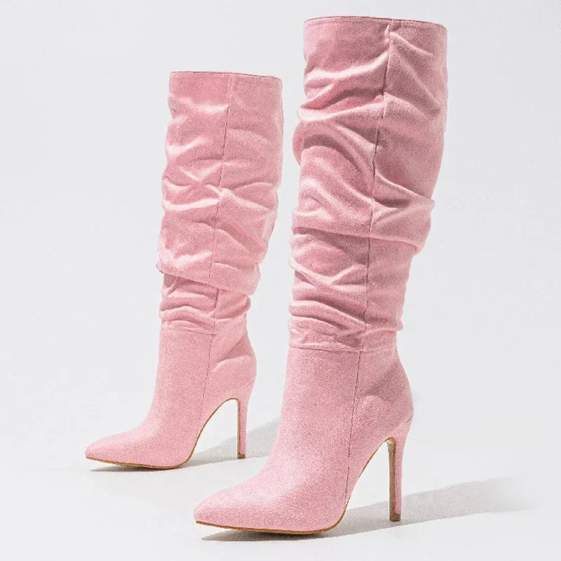 Autumn Pleated Pointed Toe Modern Long Thin Heels Knee High Boots