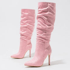 Autumn Pleated Pointed Toe Modern Long Thin Heels Knee High Boots