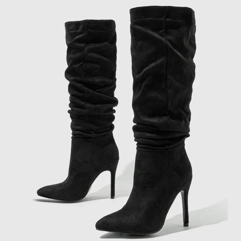 Autumn Pleated Pointed Toe Modern Long Thin Heels Knee High Boots
