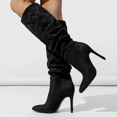 Autumn Pleated Pointed Toe Modern Long Thin Heels Knee High Boots