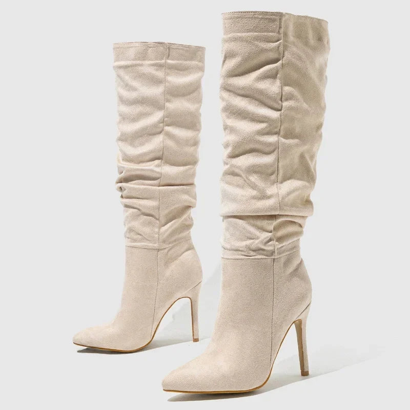 Autumn Pleated Pointed Toe Modern Long Thin Heels Knee High Boots