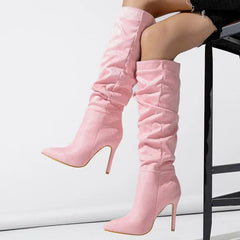 Autumn Pleated Pointed Toe Modern Long Thin Heels Knee High Boots