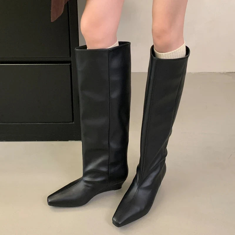 Autumn Soft Leather Cosy Pointed Toe Wedges Heels Long Knee High Boots