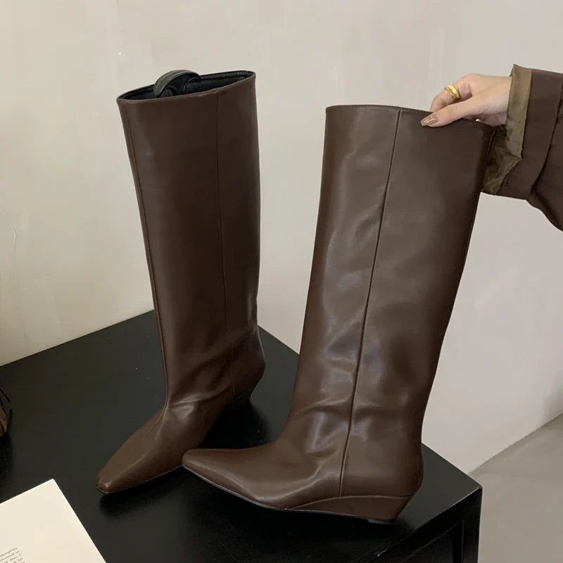 Autumn Soft Leather Cosy Pointed Toe Wedges Heels Long Knee High Boots
